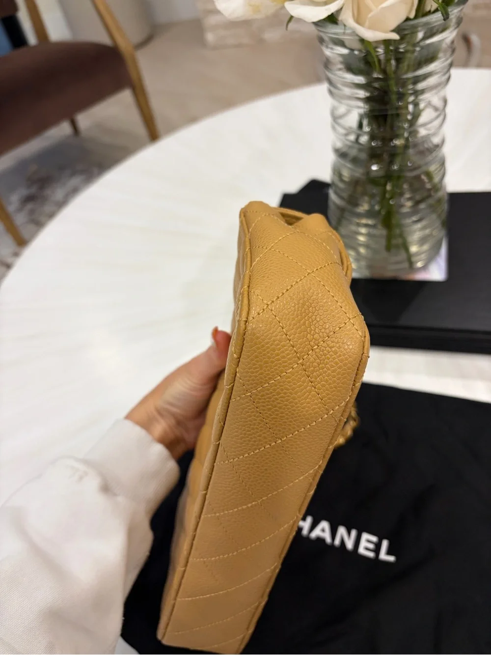 CHANEL Quilted Shoulder Bag in Camel Tan with Gold Hardware